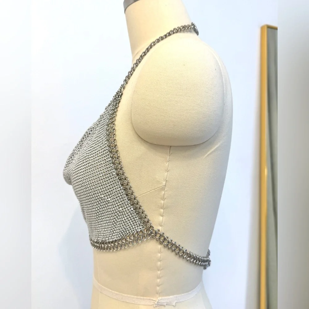 ALTEREDREAMS Silver Rhinestone Chainmail Top | Metallic Drape Crop Festival - Picture 3 of 6